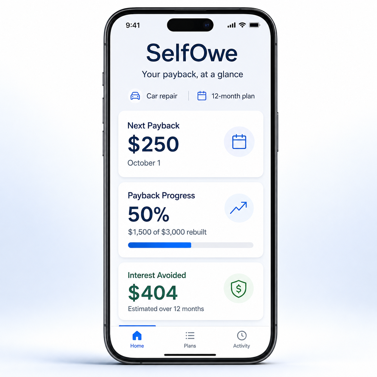 SelfOwe app concept: next payback of $250 on October 1, 50% progress with $1,500 of $3,000 rebuilt, and $404 estimated interest avoided over 12 months.